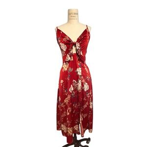 Red Floral Print Satin Soft Midi Dress with Tie Front Cutout Smocked Back Size M